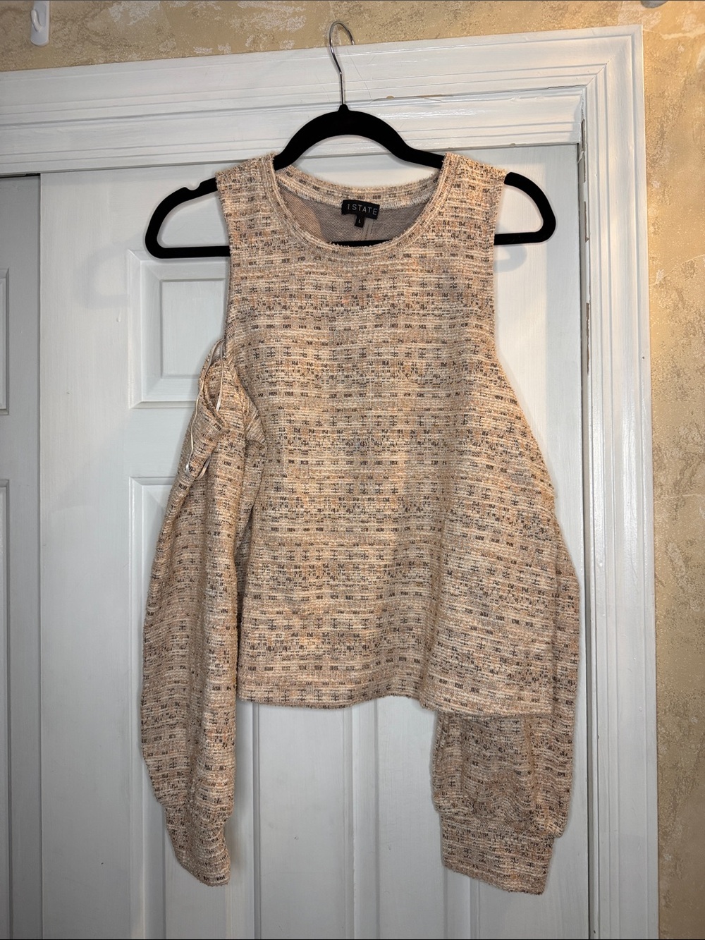 1. State Beige Speckled Cold-Shoulder Sweater Top